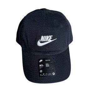 Nike Club Cap Black Adjustable Strap M/L Cotton Embroidered Logo Baseball Hat